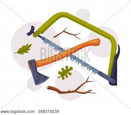 Panel Saw With Toothed Blade And Ax With Wooden Handle As Wood Chopping Implement Vector Composition