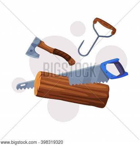 Panel Saw With Toothed Blade And Ax With Wooden Handle As Wood Chopping Implement Vector Composition