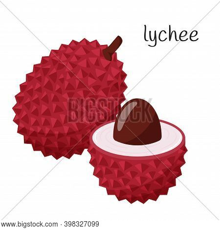 A Whole Lychee Fruit In A Prickly Skin And An Open Half With A Seed. Flat Style. Exotic, Tropical Fr
