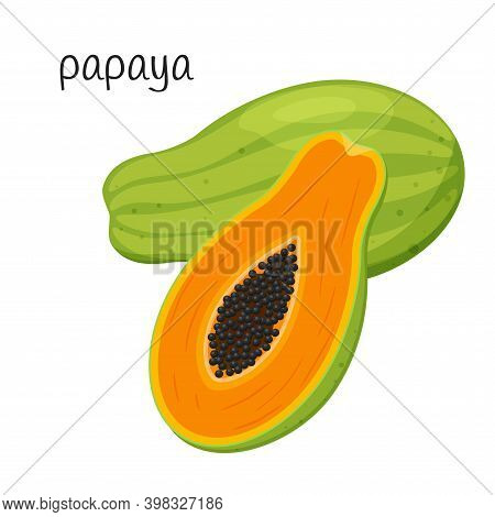 Whole Papaya And Cut Half With Seeds And Pulp. Exotic, Tropical Fruit Icon. Flat Style. Color Vector