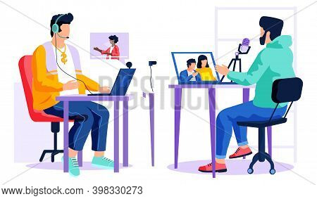 Guys With Headhones Is Listening To Music. Work In A Recording Studio. Man Is Watching A Video. Coup