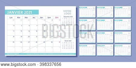 2021 French Planner. Calendar Template. Vector. Week Starts Monday. Calender Layout With 12 Month.ta