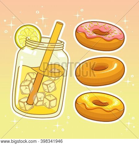 Beverages With Sweetmeats. Hand Drawn Set Collection. Vector Illustration.
