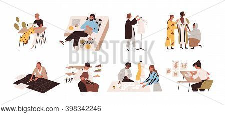 Clothing And Footwear Design. Set Of Designers Creating, Constructing And Sewing Fashion Collection,