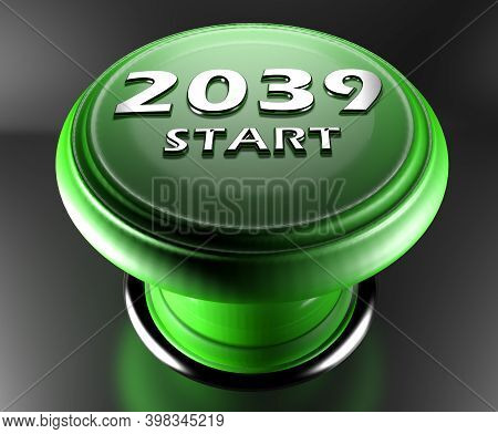 2039 Start Green Push Button On Black Background - 3d Rendering Illustration