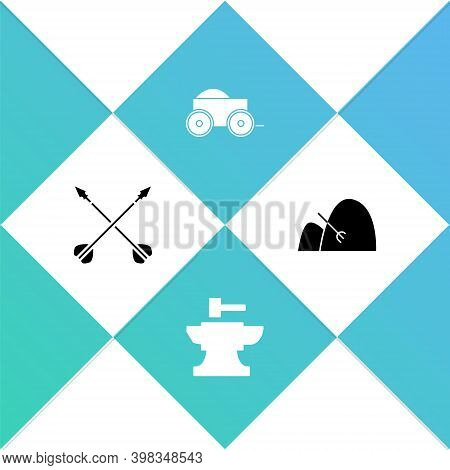 Set Medieval Crossed Arrows, Anvil For Blacksmithing Hammer, Wooden Four-wheel Cart And Bale Of Hay 
