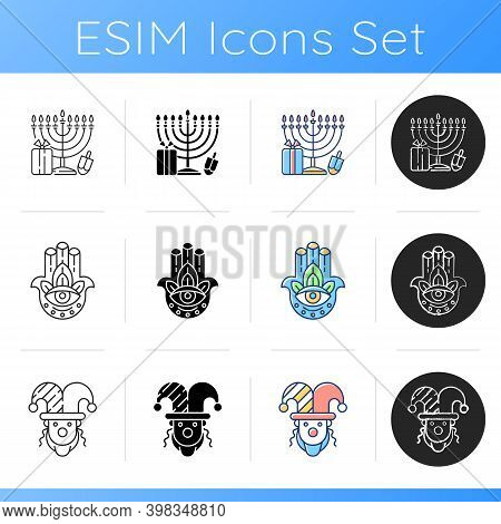 Jewish Holidays Icons Set. Menorah. Hamsa Hand. Purim Celebration. Candelabrum With 9 Stands. God Ha