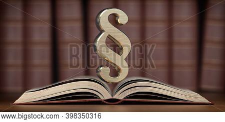 Paragraph sign on the open book. Searching, justice and law concept. 3d illustration