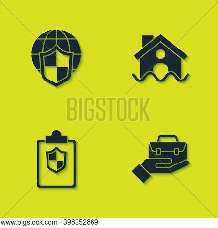 Set Shield With World Globe, Hand Holding Briefcase, Document Shield And House Flood Icon. Vector