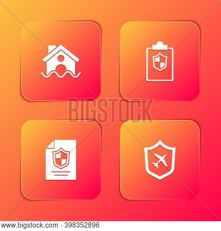 Set House Flood, Document With Shield, Contract And Plane Icon. Vector