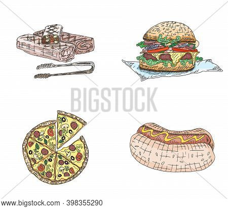 Fast Food Kebab Burger Pizza And Hot Dog Street Food. Doodle Sketch Vector