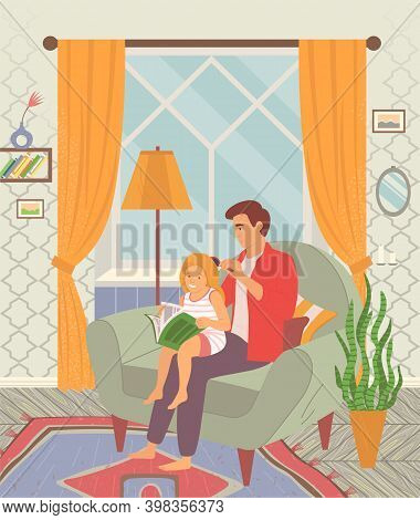 Father Brushing The Hair Of His Daughter. Happy Family Child Care Concept. Girl Reading A Book While