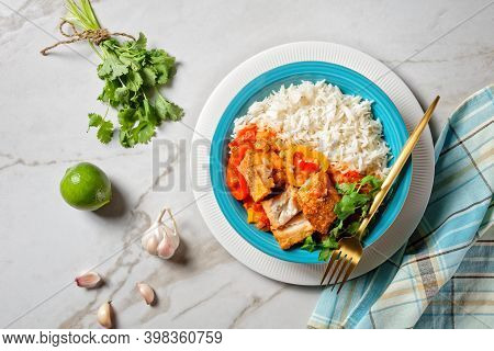 Moqueca Baiana - Brazilian Fish Stew With Bell Pepper, Lime, Chopped Tomatoes, Coconut Milk, Served 