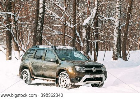 Gomel, Belarus - January 10, 2019: Grungy And Frozen Renault Duster Or Dacia Duster Suv Parked In Sn