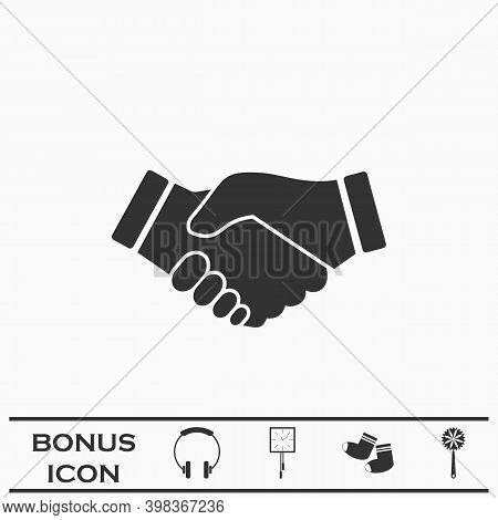 Business Handshake, Contract Agreement Icon Flat. Black Pictogram On White Background. Vector Illust