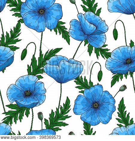 Saemless Pattern With Blue Poppy Flowers. Papaver. Green Stems And Leaves. Hand Drawn Vector Illustr