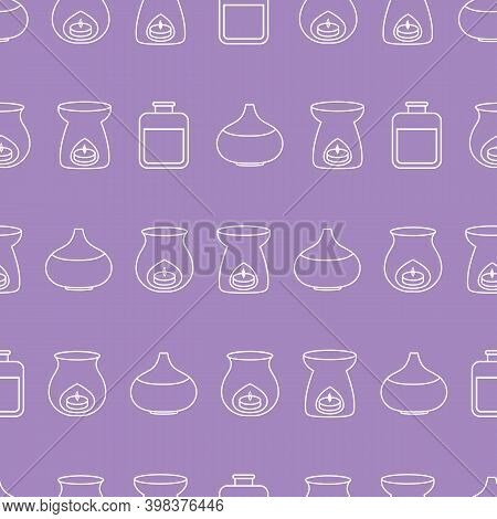 Aromatherapy Seamless Pattern With Vector Line Art Icons. Purple Background With Horizontal Stripes 