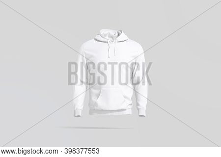 Blank White Sport Hoodie With Hood Mockup, Gray Background, 3d Rendering. Empty Fleece Sweatshirt Mo