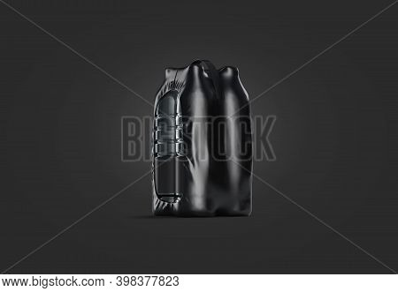 Blank Black Plastic Bottle In Pack Mockup, Dark Background, 3d Rendering. Empty Vacuum Packaging For
