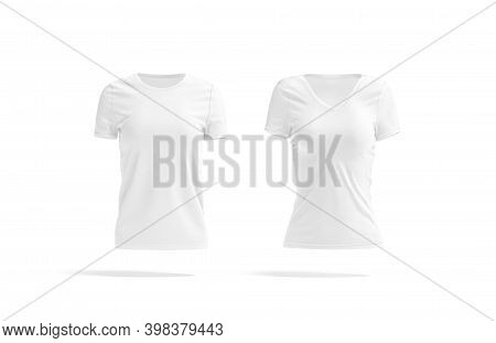 Blank White Women Slimfit And Classic T-shirt Mockup, Front View, 3d Rendering. Empty Cotton Undersh