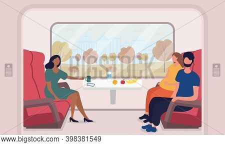 Multiracial Male And Female Passengers Travelling By Train. People Sitting In Passenger Car. Happy R