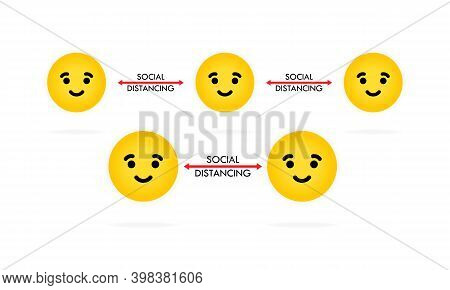 Social Distancing Emoji. New Normal. Smiling Faces Icons With Arrow And 2m, 6m Feet Text Above. Coro