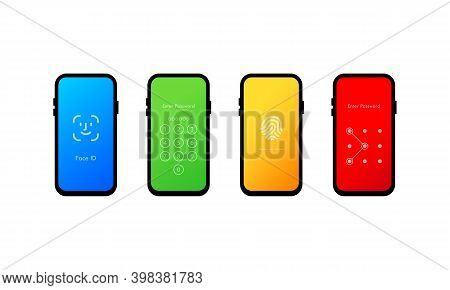 Phone Lock Screen. Vector Illustration. Set Of Four Mobile Phone Screen Loch Passcode Interface. Sma