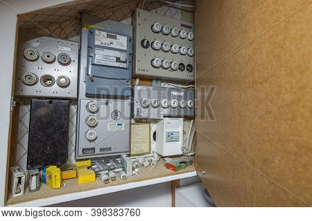 Close Up View Of Old Retro Switchboard Equipped With Old Fashioned Safety Plugs. Electricity. Power.