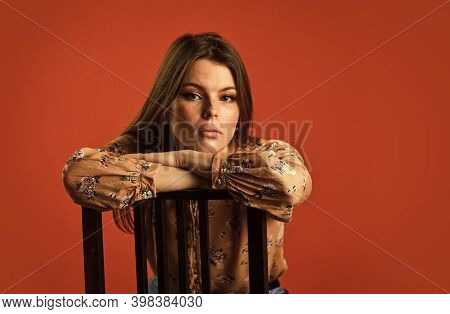 Portrait Of Woman With Beauty Face. Female Fashion Style. Girl Has Long Hair. Thinking Concept. Lost