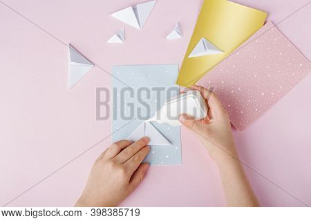 Concept Of Diy And Kid's Creativity, Origami. Step By Step Instruction: How To Make Greeting Cards W