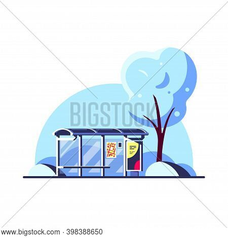 Winter Landscape With Bus Stop, Flas Style Vector