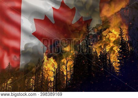 Forest Fire Fight Concept, Natural Disaster - Infernal Fire In The Woods On Canada Flag Background -