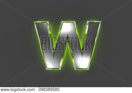 Grey Metallic Alphabet With Green Glossy Glass Made Outline - Letter W Isolated On Grey Background, 