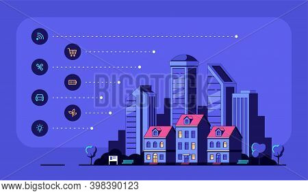 Smart City Concept Banner, Flar Style Vector