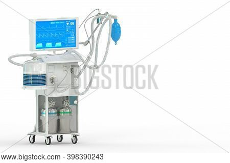 Medical 3d Illustration, Icu Artificial Lung Ventilator With Fictive Design Isometric View Isolated 