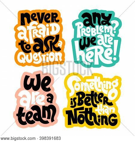 Sticker Set Template With Unique Hand Drawn Vector Lettering About Team Work, Human Resources, Busin