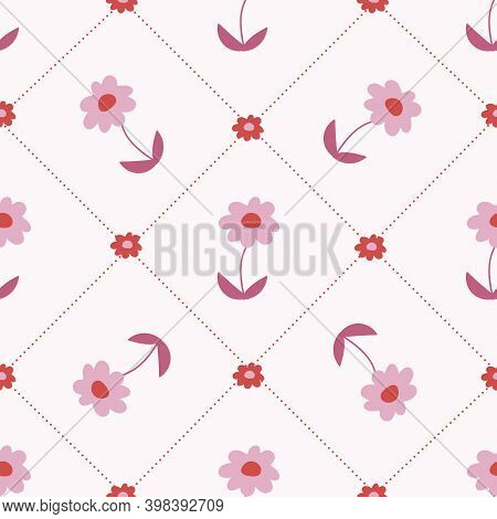 Pink And Red Daisy Geometric Polka Dot Seamless Repeating Pattern