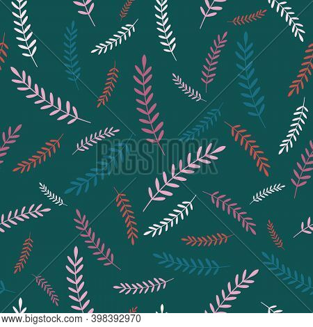 Colorful Tossed Leaf Seamless Pattern, Green Background