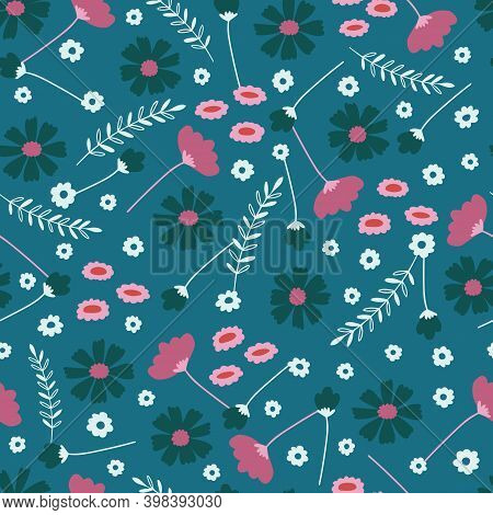 Blue And Pink Daisies And Tulips Seamless Pattern
