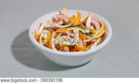 Sliced Citrus Fruit Peel For Cooking Candied On White Plate. Concept Reducing Food Waste