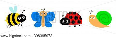 Snail Cochlea, Bee Bumblebee, Butterfly, Lady Bug Ladybird Flying Insect Icon Set. Cute Cartoon Kawa