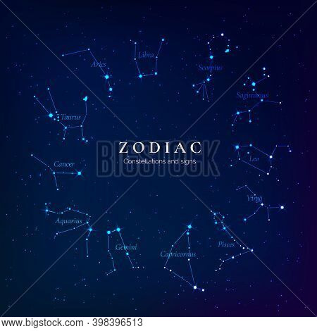 Zodiac Signs On Starry Sky. Twelve Constellations Of The Zodiac. Constellations Lying In The Plane O