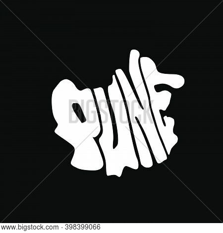 Pune Written In Pune's Map Shape. Pune Lettering On Black Background.