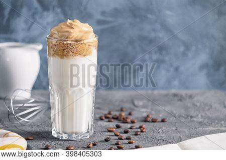 Delicious Milk Drink With Coffee Foam. Dalgone Coffee. Photo With Place For Text.