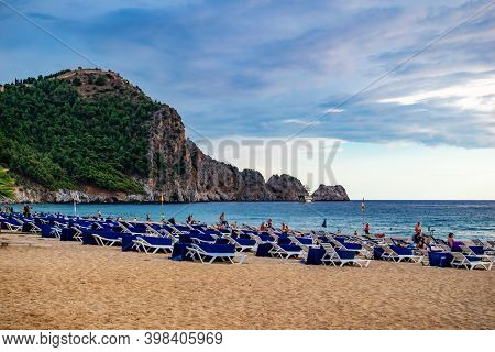 Turkey, Alanya - October 21, 2020: Kleopatra Beach In Alanya (turkey). View Of The Rocky Peninsula W