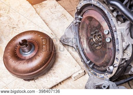An Automatic Transmission Removed From A Car In A Car Workshop For Auto-analysis. The Pump Wheel Is 