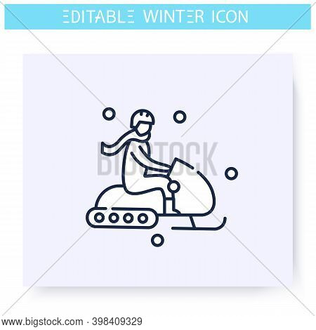 Snowmobiling Line Icon. Man Drives Snowmobile. Riding Snowmobilist. Winter Holidays And Leisure Conc