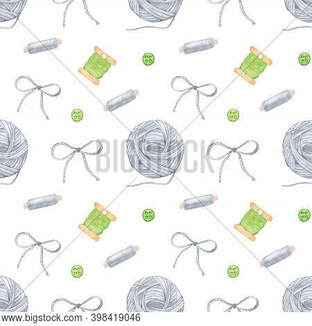 Watercolor Pattern With Sewing Knitting Threads With Green Buttons. A Bobbin Of Sewing Thread, A Bob