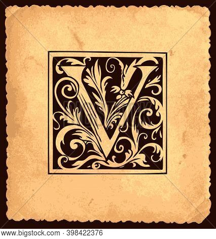 Black Initial Letter V With Baroque Decorations In Vintage Style On An Old Paper Background. Beautif
