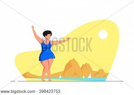 Attractive Woman Plus Size Dancing On The Beach
